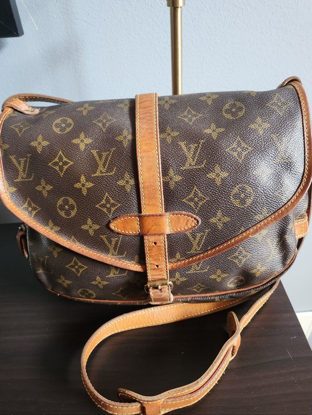 Louis Vuitton AR0970 Saumur Monogram Crossbody Bag With Vachetta Leather